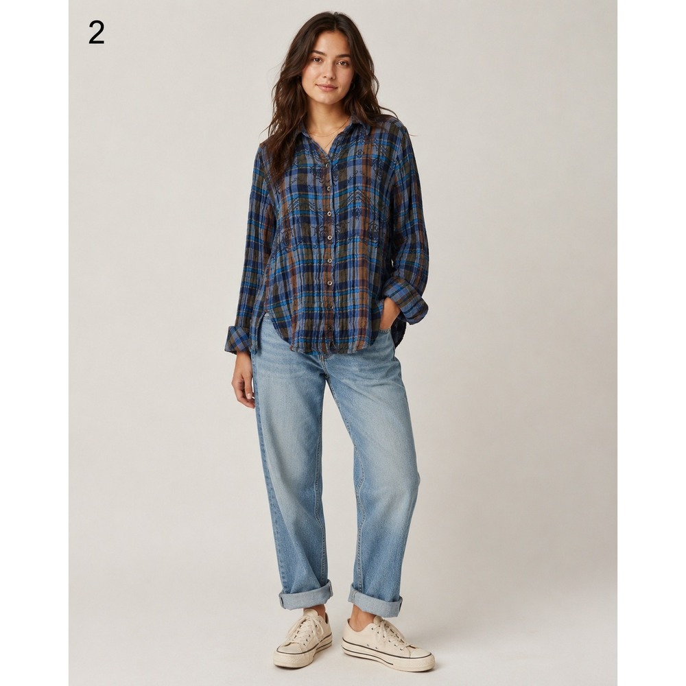 Free People Flannel Shirt XS Blue Plaid Grunge Revival Western‎ Dark Academia